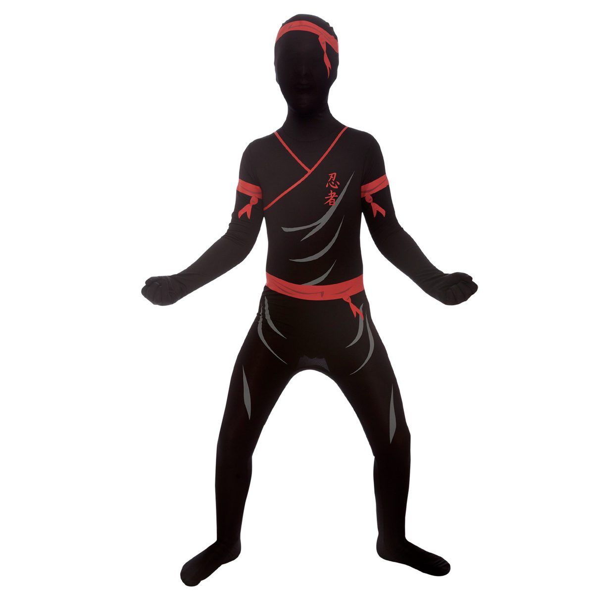 Child modelling the Kids Ninja Morphsuit, a black full-body ninja suit with red headband, sash and armbands and a red ninja kanji on the chest