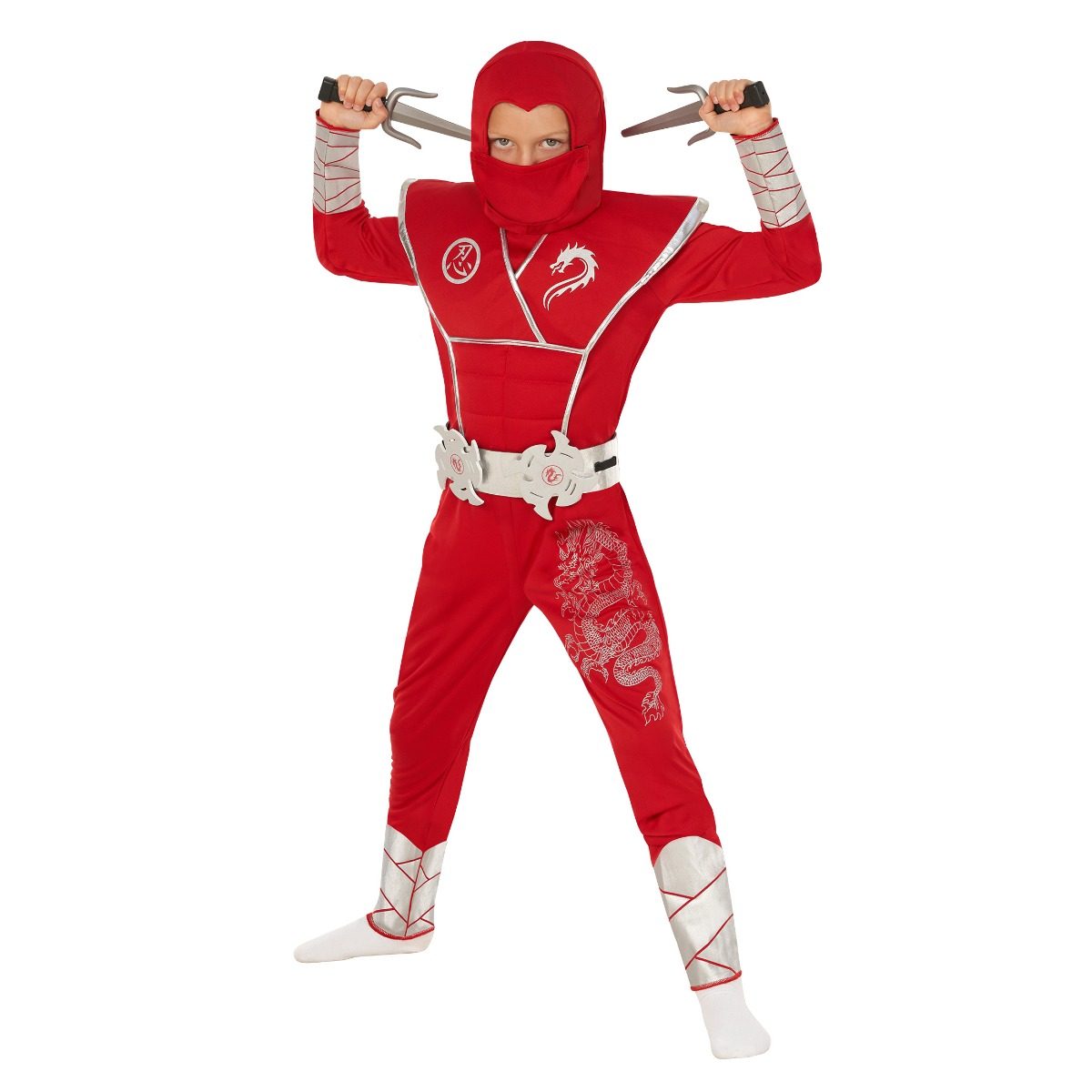 Kids Red Dragon Ninja Costume, a red hooded jumpsuit with dragon detail and toy accessories