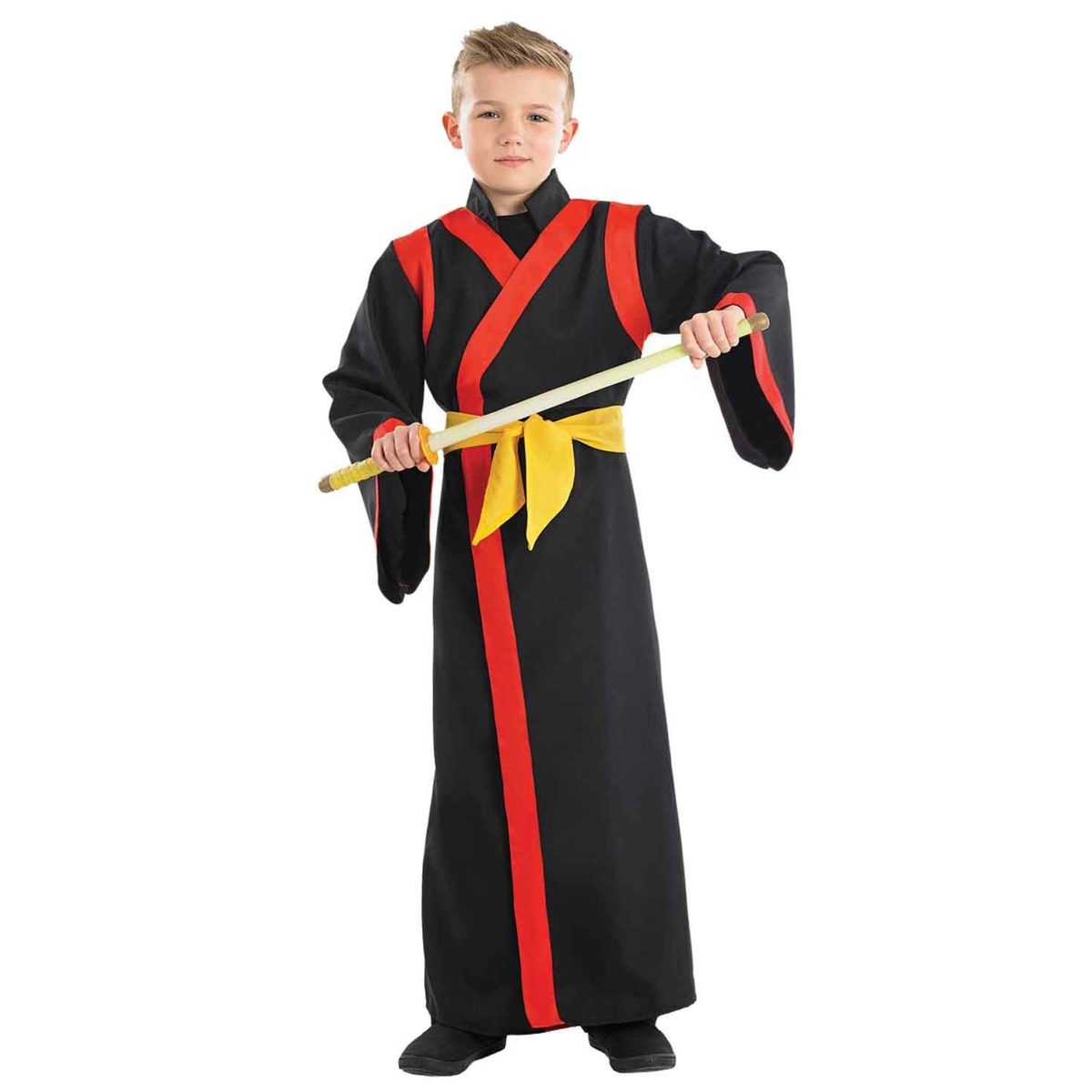 Child in a full-length samurai robe with red edging and a yellow belt