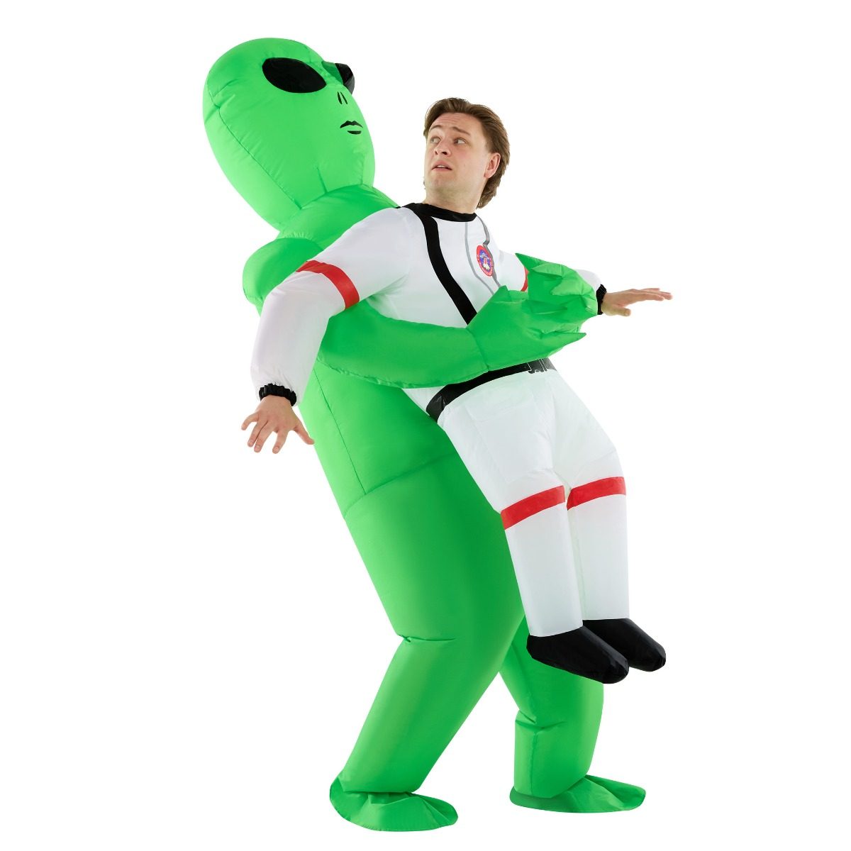Person wearing an inflatable alien costume that appears to be carrying an astronaut, an original Halloween costume idea