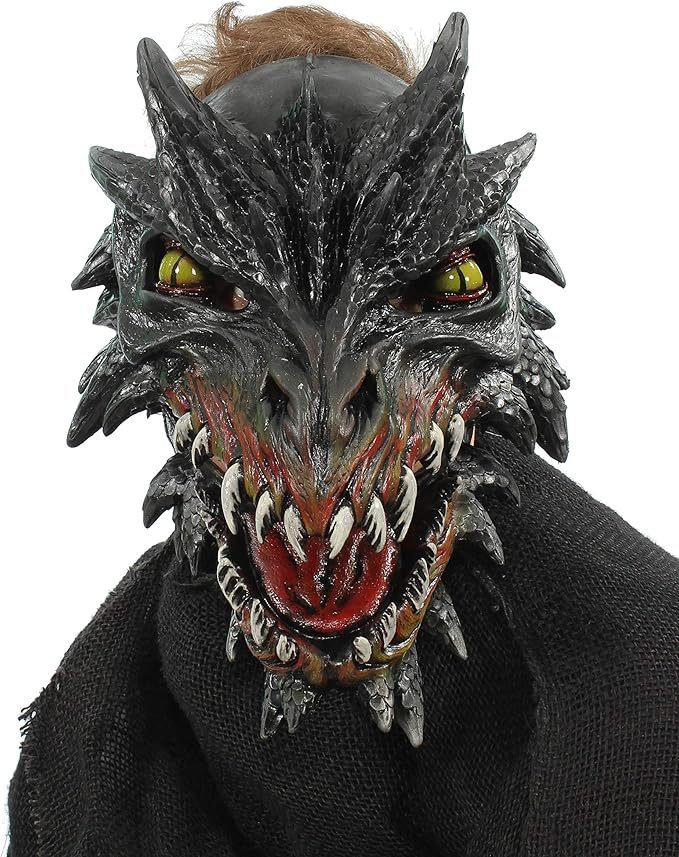 Person wearing a scaled dragon latex mask with a movable jaw for Halloween
