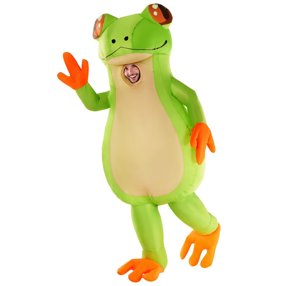 Person wearing a giant inflatable frog costume for Halloween