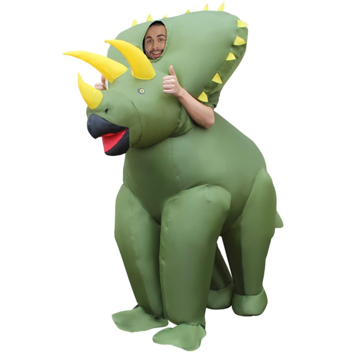 Person wearing a giant inflatable triceratops dinosaur costume for Halloween