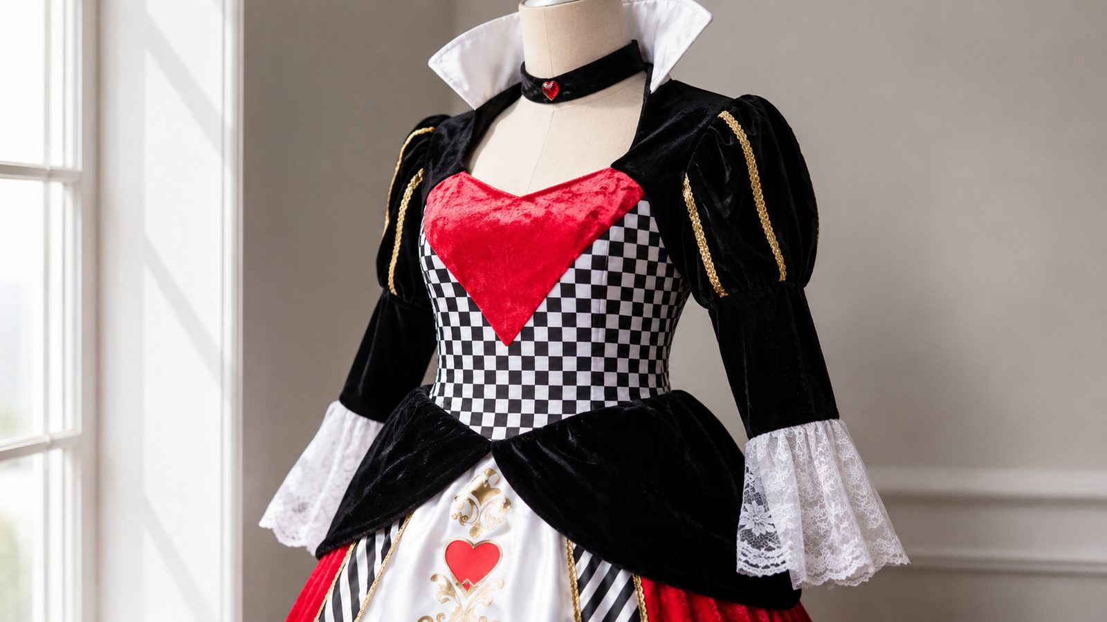 Close-up of red heart appliques, black and white chequerboard bodice and lace collar on a Queen of Hearts fancy dress costume
