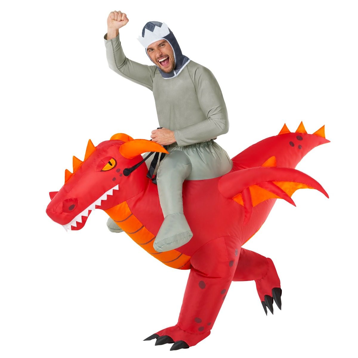Adult in a grey knight hood wearing the Red Dragon ride-on inflatable costume, a large red dragon with orange spines and wings and black claws