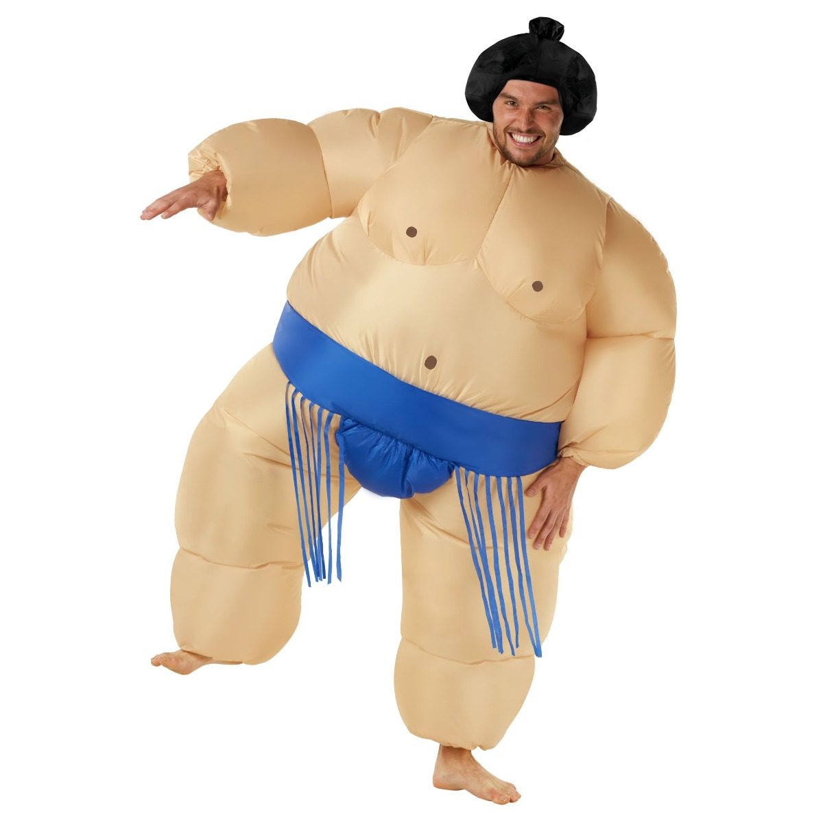 Adult inflatable sumo costume in flesh tone with a blue belt and black top-knot, worn as a full walk-around suit