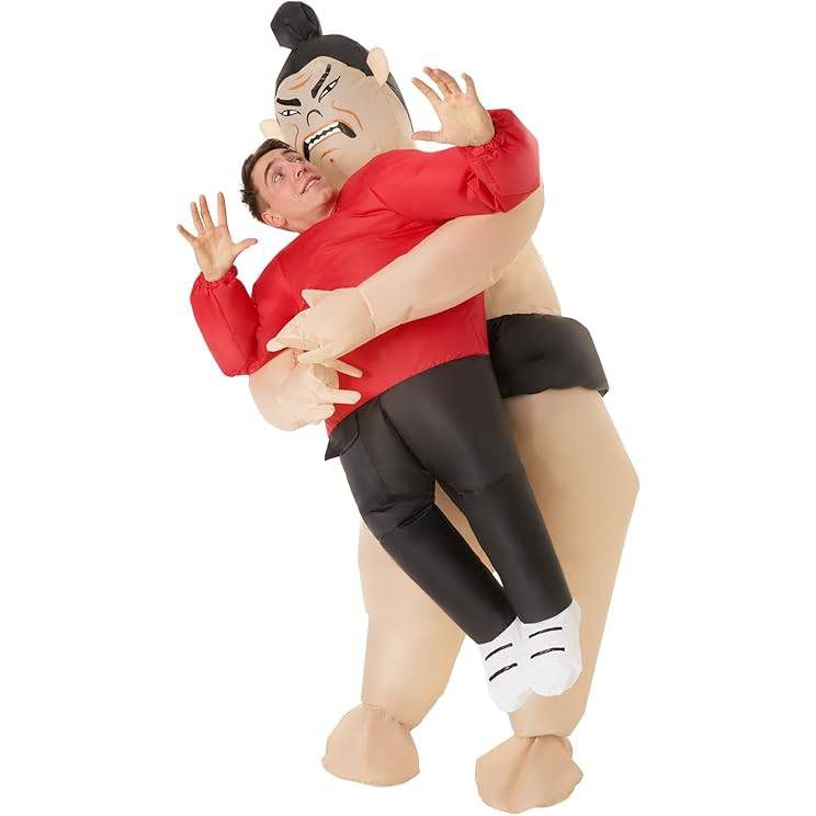 Adult pick-me-up inflatable sumo costume where a sumo wrestler appears to carry the wearer off the floor