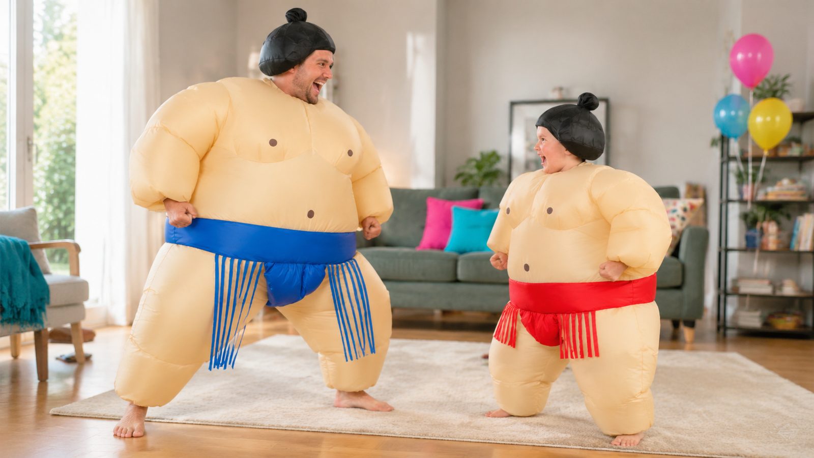 An adult and a child both wearing inflatable sumo costumes and facing off playfully at a party