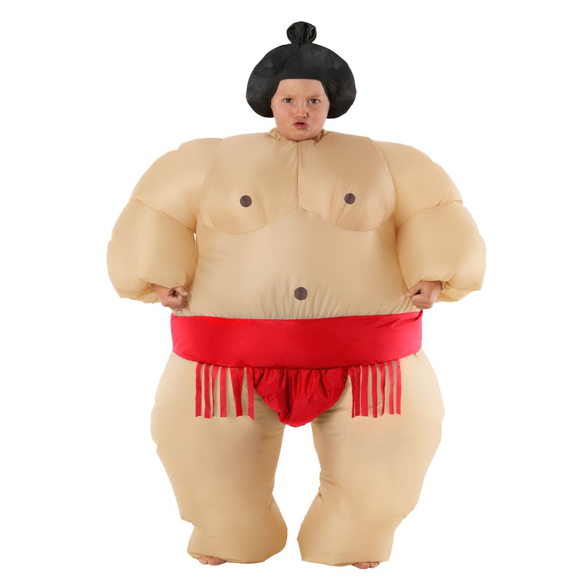 Kids inflatable sumo costume with a red belt and black top-knot, worn as a full walk-around suit