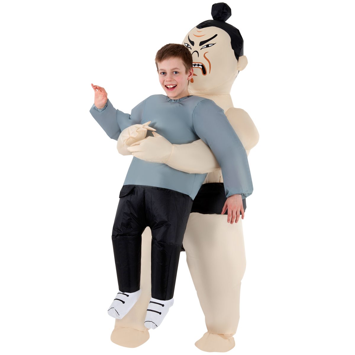 Kids pick-me-up inflatable sumo costume with a sumo wrestler appearing to lift the child