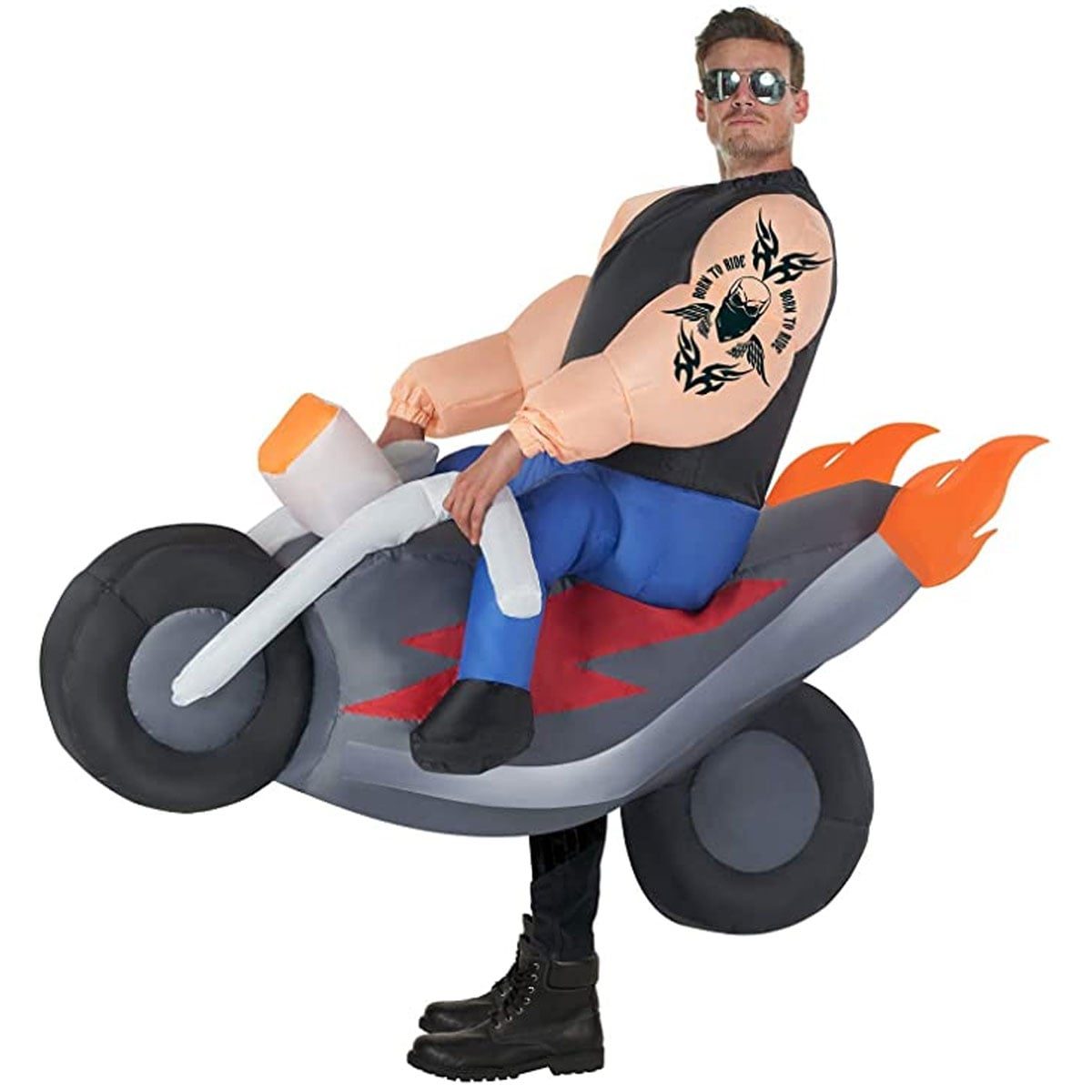 Teen wearing a giant inflatable biker gang motorbike costume for Halloween