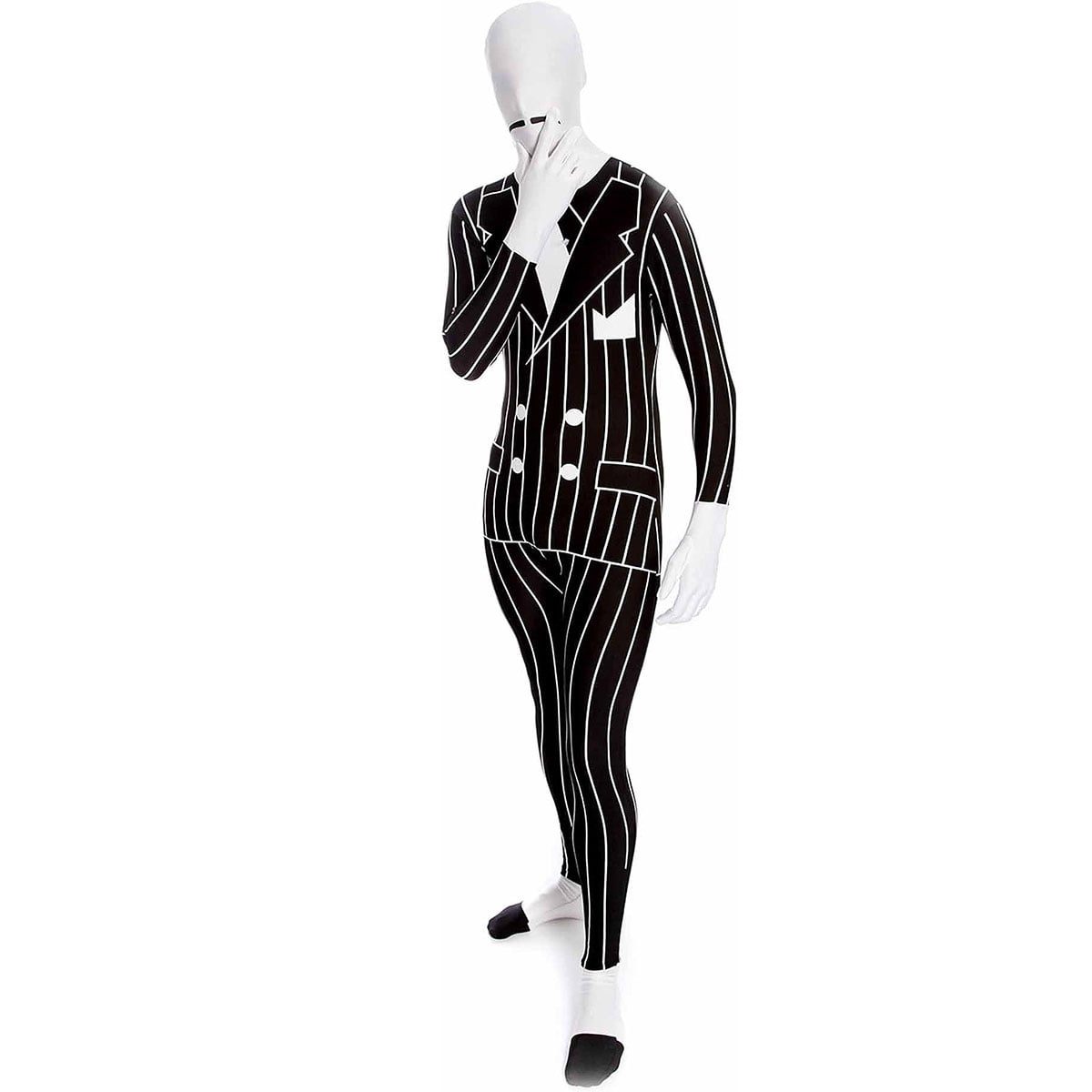 Teen wearing a pinstripe gangster morphsuit costume for Halloween