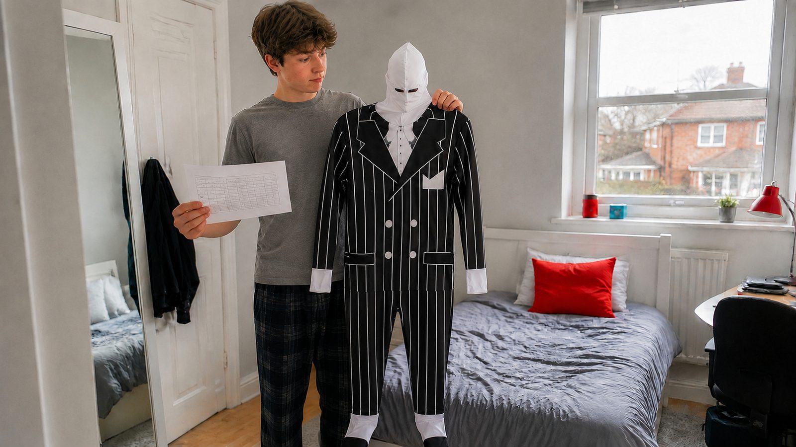 Teen holding a morphsuit costume up against a printed size chart before buying