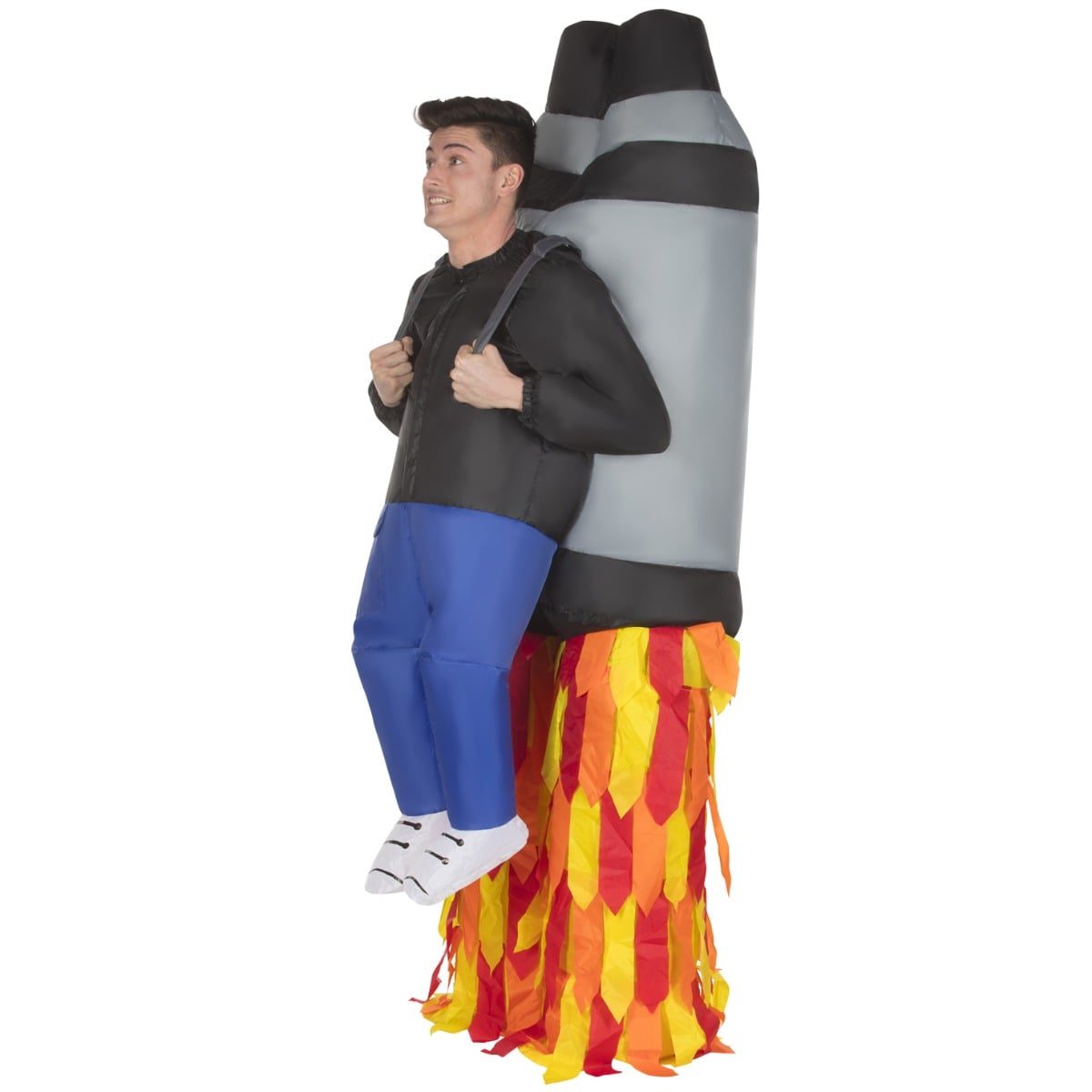 Teen wearing a giant inflatable jet pack costume for Halloween