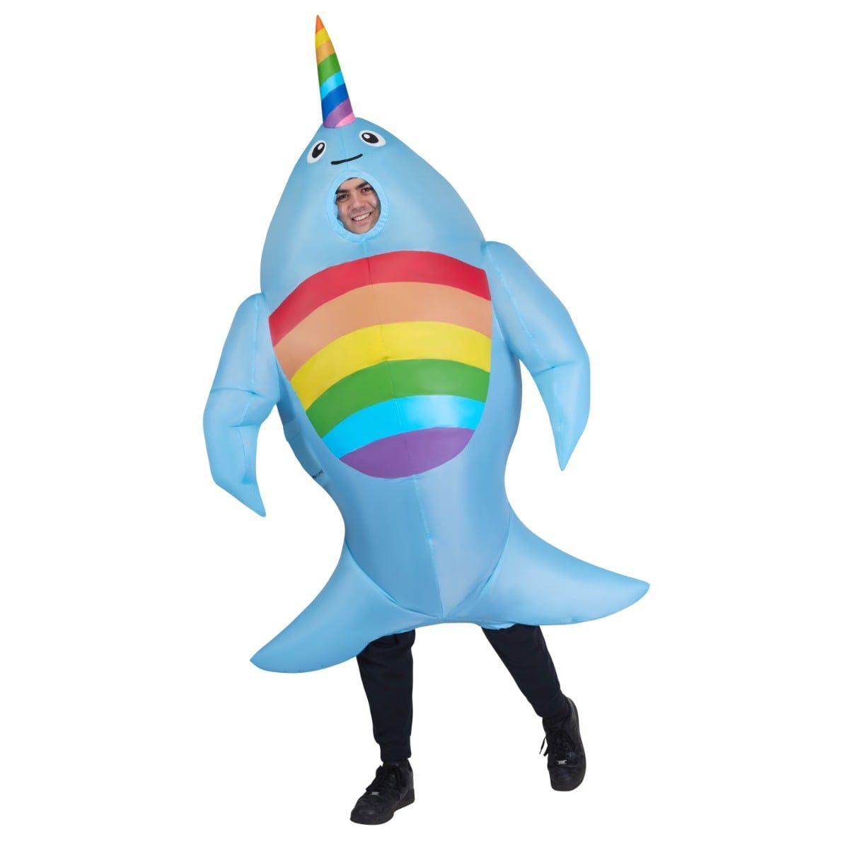 Teen wearing a giant inflatable blue and rainbow narwhal costume for Halloween