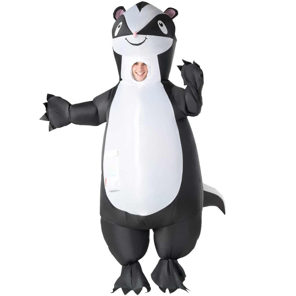 Teen wearing a giant inflatable skunk costume for Halloween