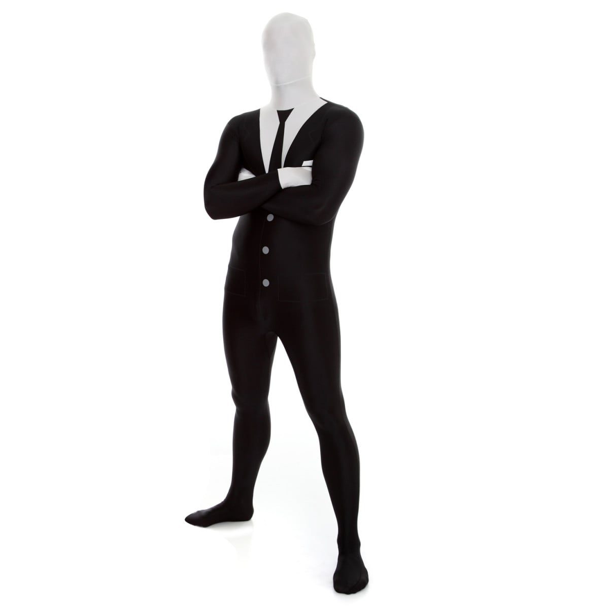 Teen wearing a black Slenderman morphsuit costume with a blank white face for Halloween