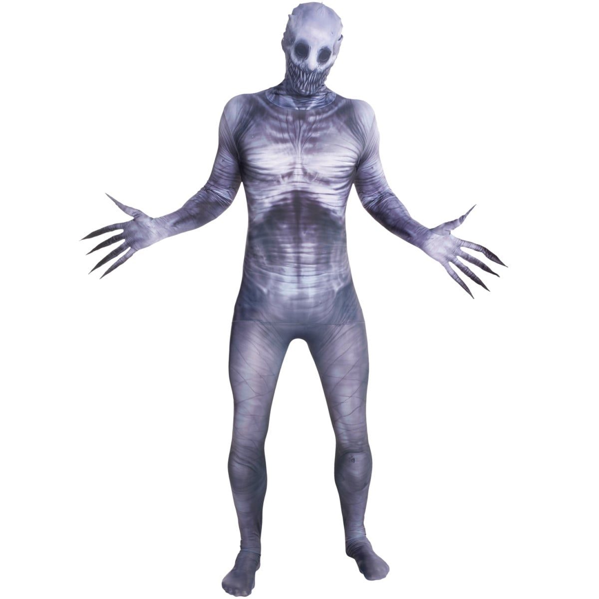 The Rake costume morphsuit, a full-body ashen-grey suit printed with a gaunt, rib-lined body, a hollow-eyed hooded face and long clawed hands