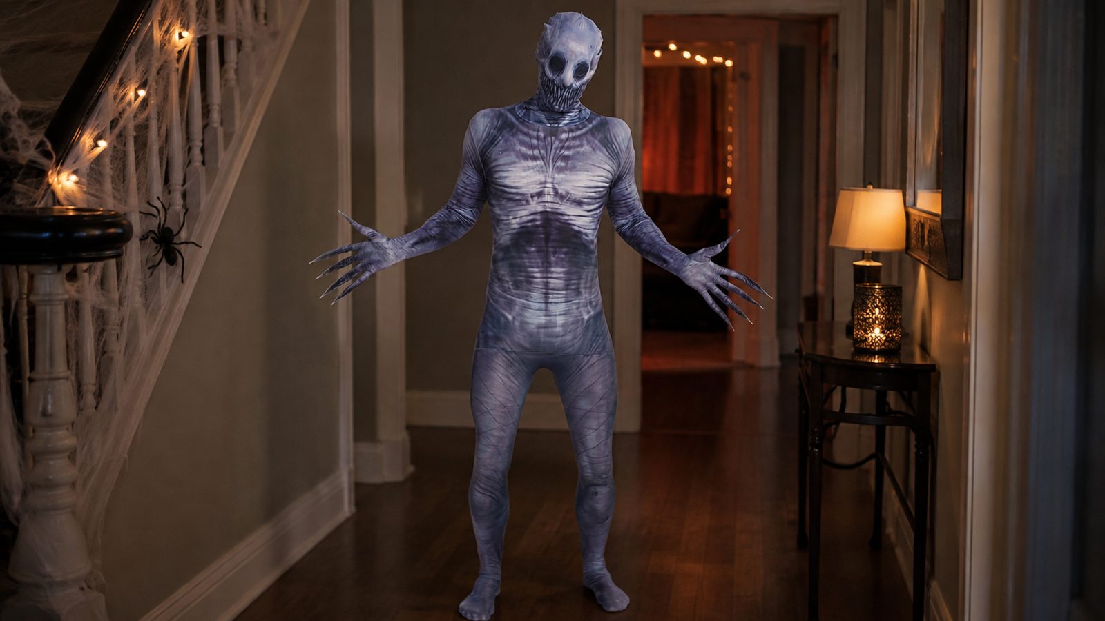 An adult wearing the full-body Rake morphsuit at a dimly lit Halloween doorway, the one-piece suit and hooded face readable head to toe