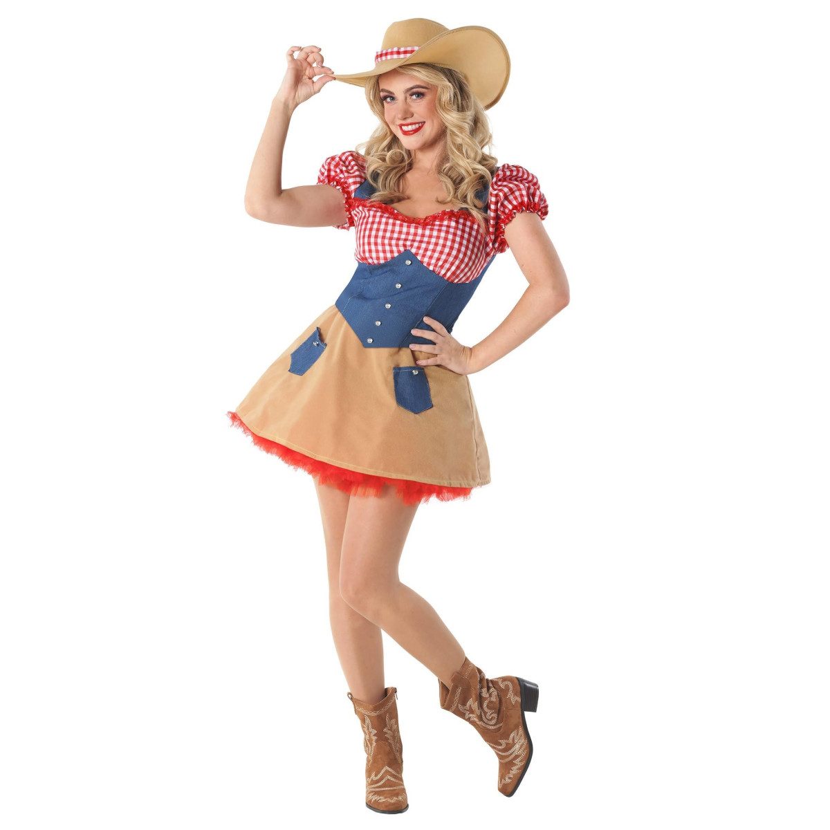 Woman wearing a red gingham and denim cowgirl costume dress with a tan cowboy hat
