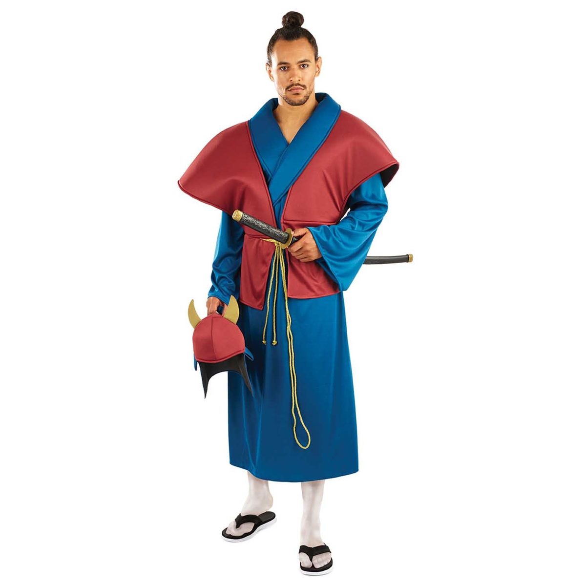 Mens Samurai Warrior Costume: a blue robe with a red armour panel, yellow rope belt and red hat with brown horns, styled with a prop katana