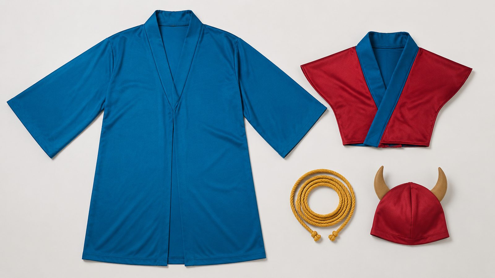 Flat lay of a samurai costume set: a blue robe, red armour panel, yellow rope belt and red hat with brown horns, laid out with no sword included