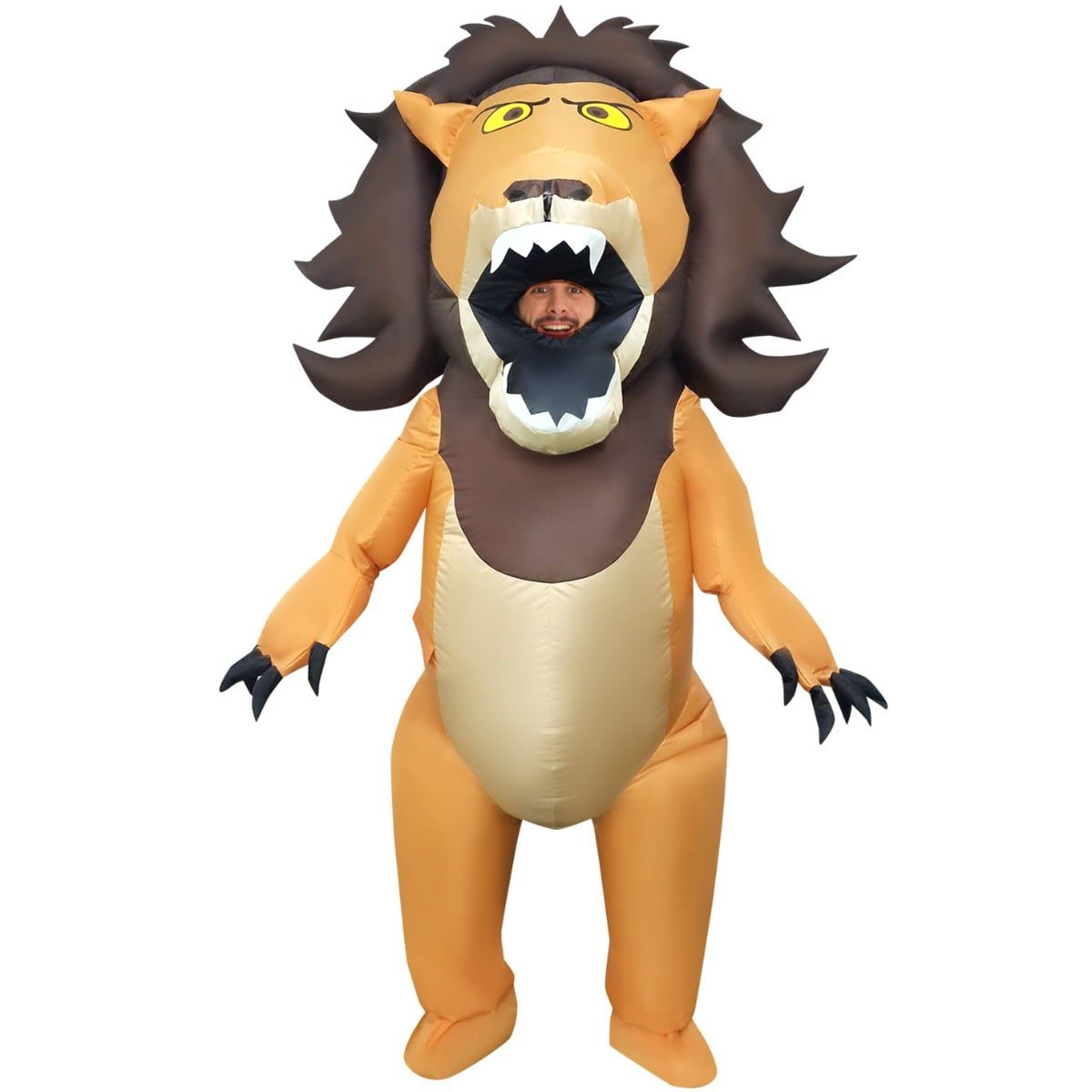 Lion Costume Big Mouth Inflatable Mens: an oversized inflatable lion costume with a spiky brown mane, cartoon yellow eyes, and an open roaring mouth the wearer's real face looks out through, tan body with a cream belly panel and black clawed paw mitts
