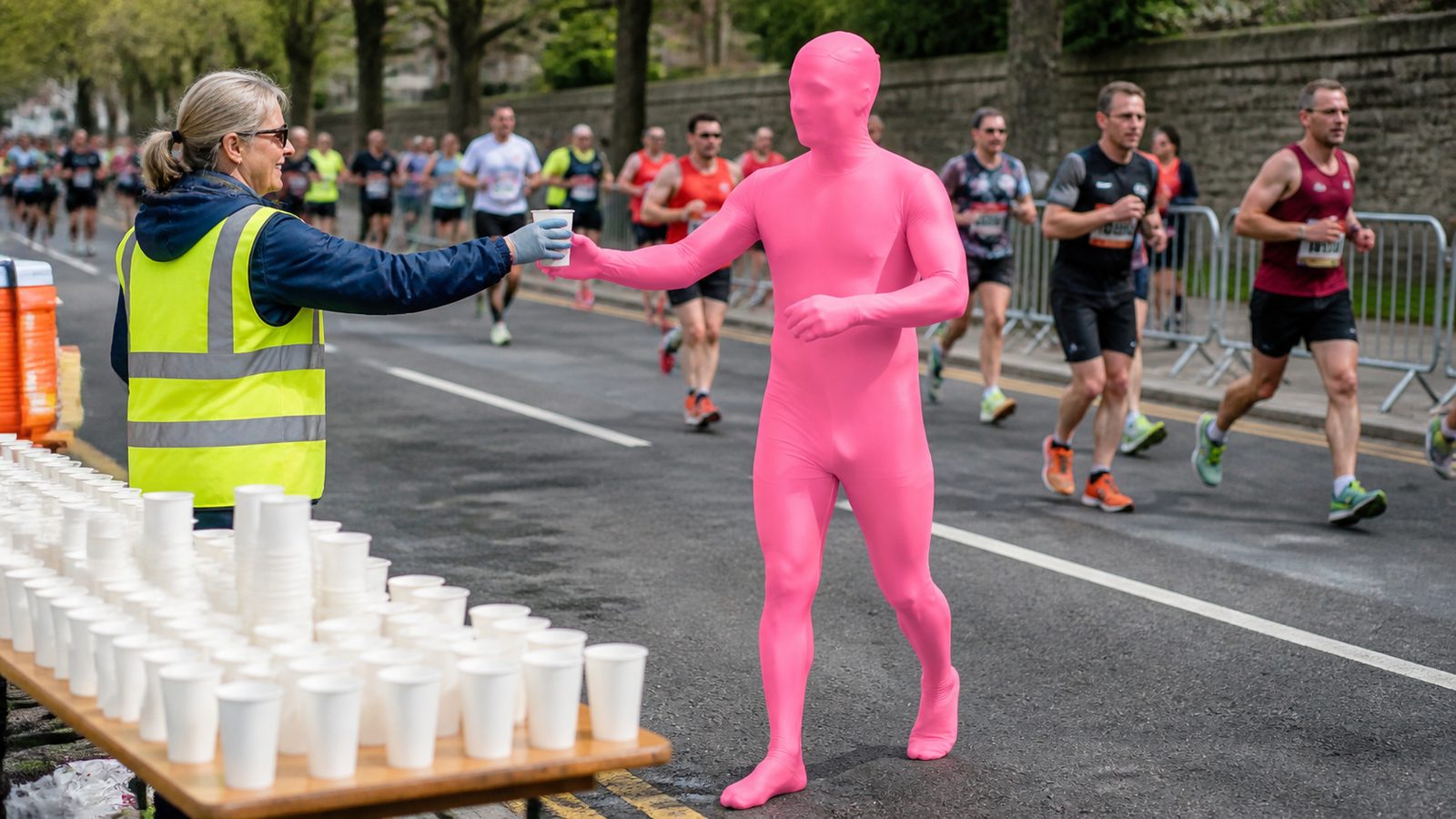 A marathon runner in a full pink spandex suit taking a cup of water from a volunteer at a drinks station during a race