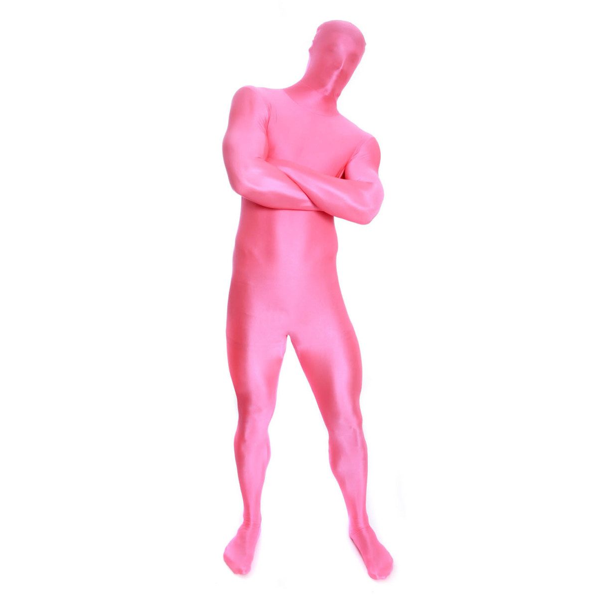 Mens Pink Morphsuit Costume: a full-body pink spandex suit covering the whole body including the face, four-way stretch fabric, worn standing with arms crossed