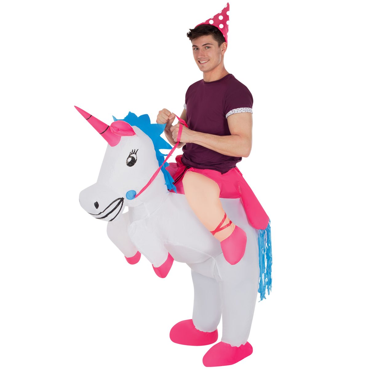 Adult in a party hat wearing the Unicorn ride-on inflatable costume, appearing to ride a white inflatable unicorn with a pink horn, blue mane and pink hooves
