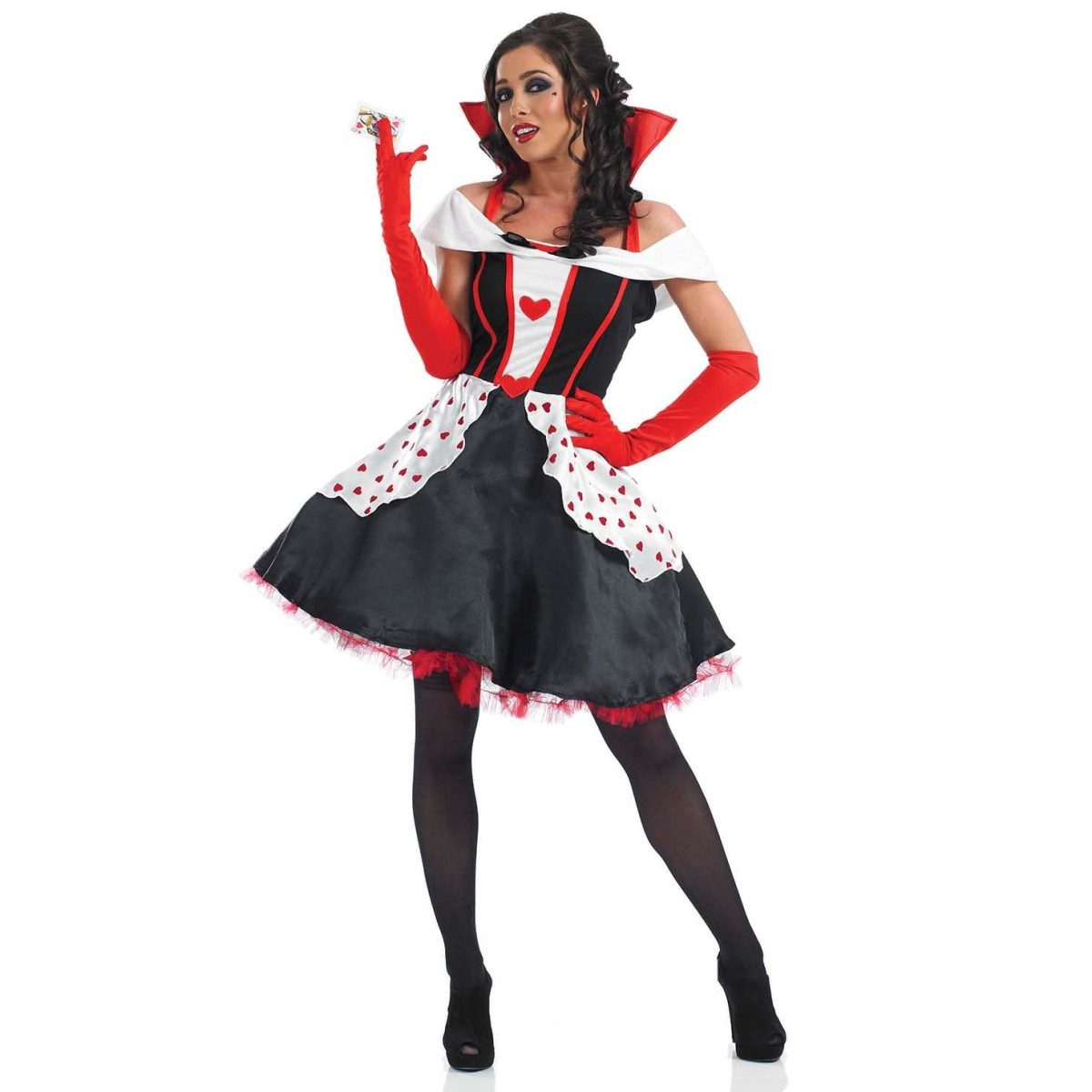 Womens Fairytale Queen Costume, knee-length black and white heart-print dress with tall red collar and long red gloves