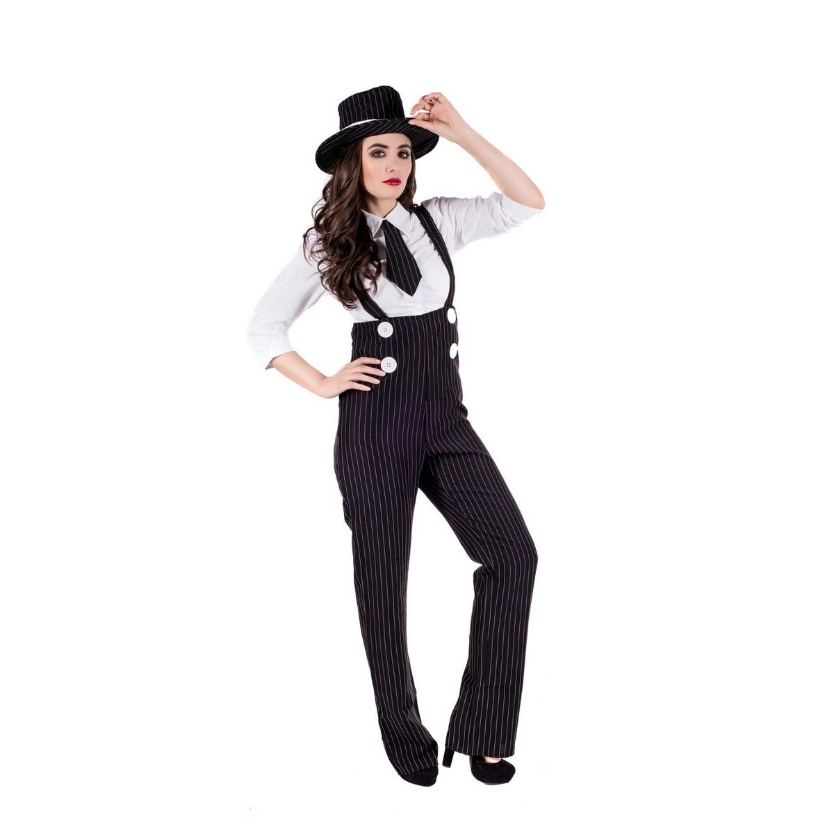 Woman wearing a 1920s gangster costume with pinstripe trousers, braces and a hat