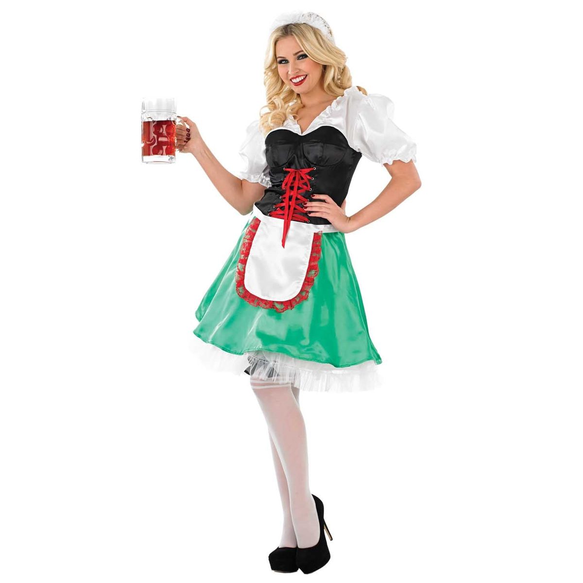 Womens Green Oktoberfest Dirndl Costume: green-skirted dirndl with a black red-laced bodice, a white apron, white hold-up stockings and a white headband, front view