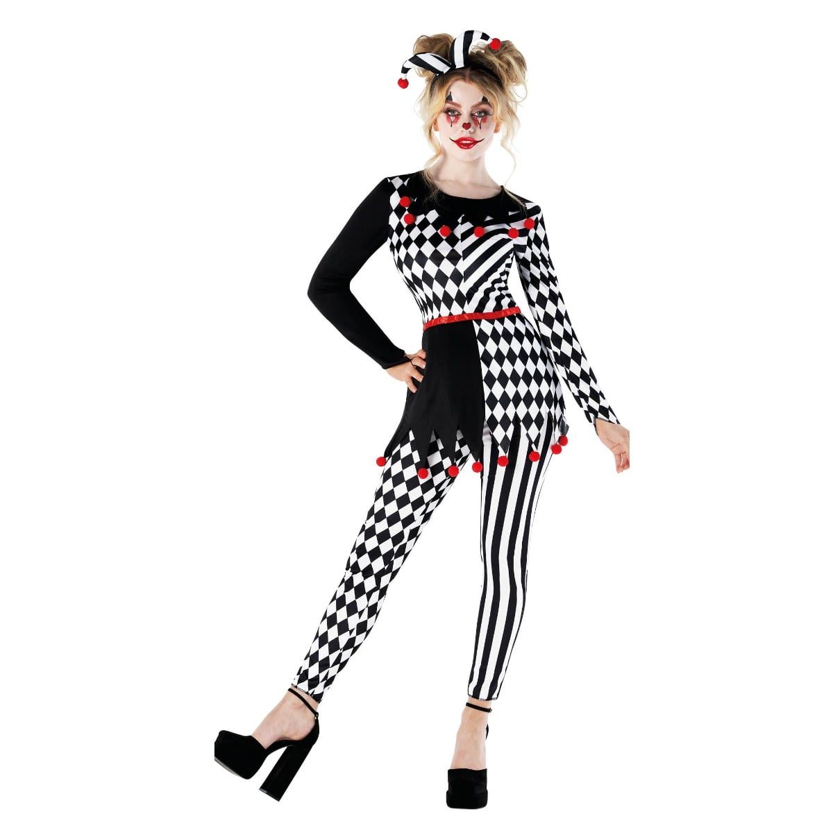 Woman wearing a black and white harlequin jester costume with red pompom details