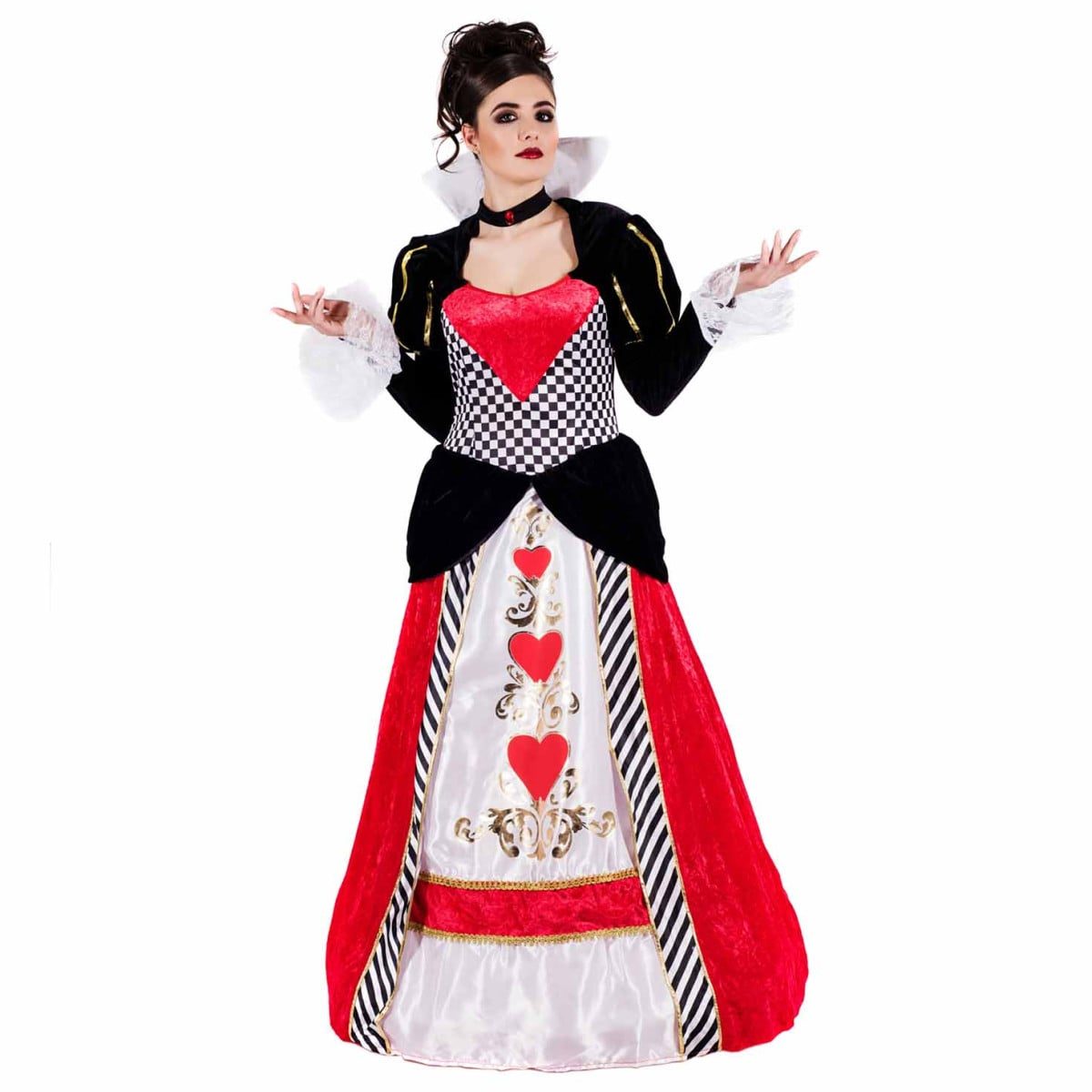 Womens Long Fairytale Queen Dress Costume, floor-length hooped gown with black and white chequerboard bodice and heart appliques