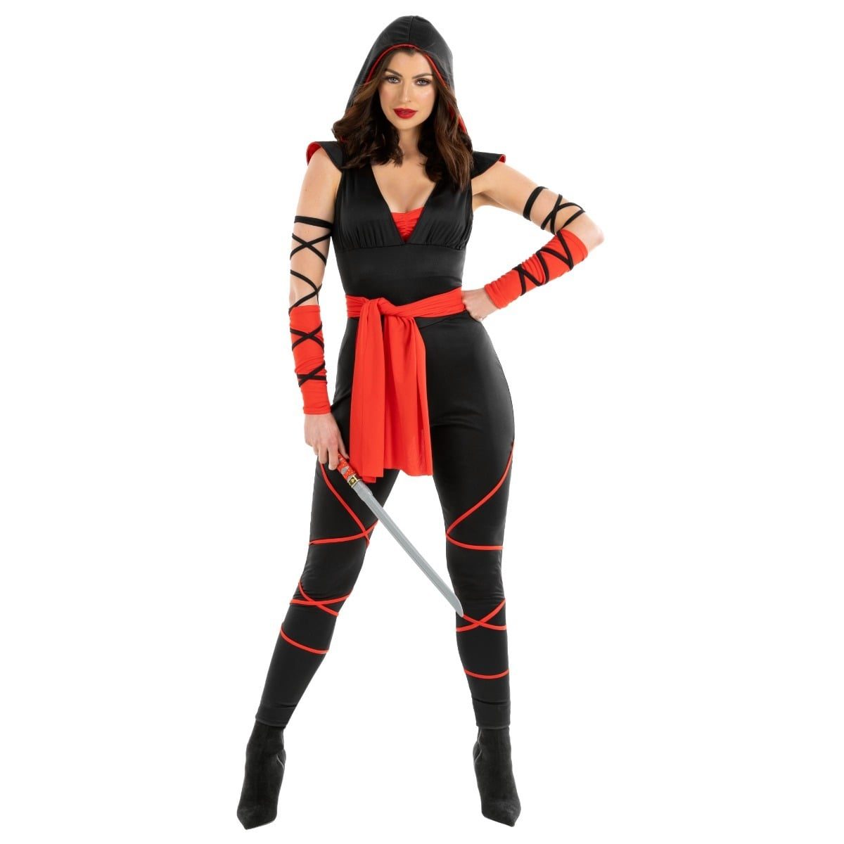 Woman wearing a hooded black and red ninja jumpsuit costume with mask and accessories