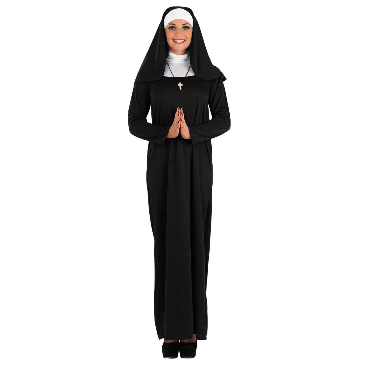 Woman wearing a long black nun habit costume with a white collar and cross necklace