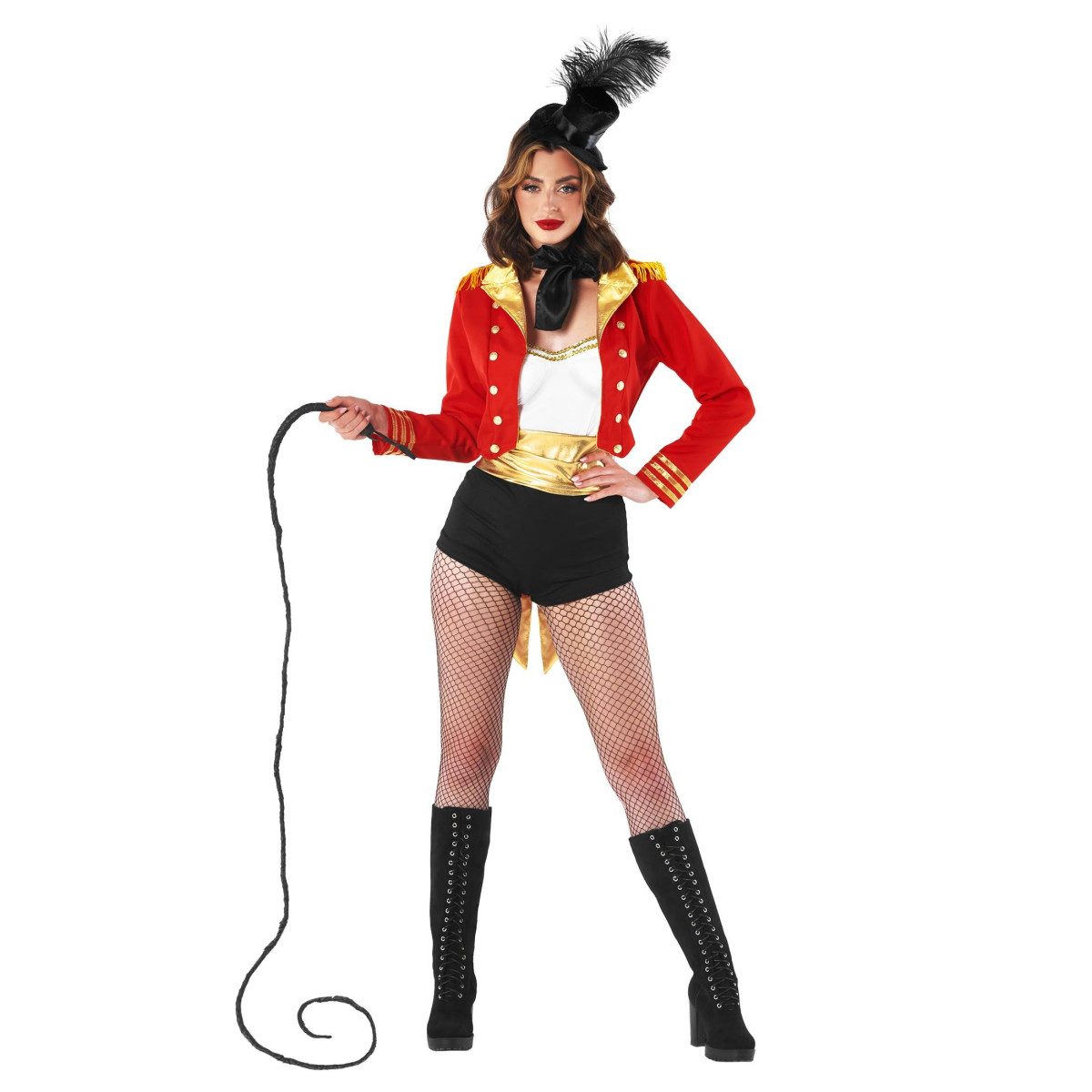 Woman wearing a red ringmaster costume with gold trim and a feathered hat