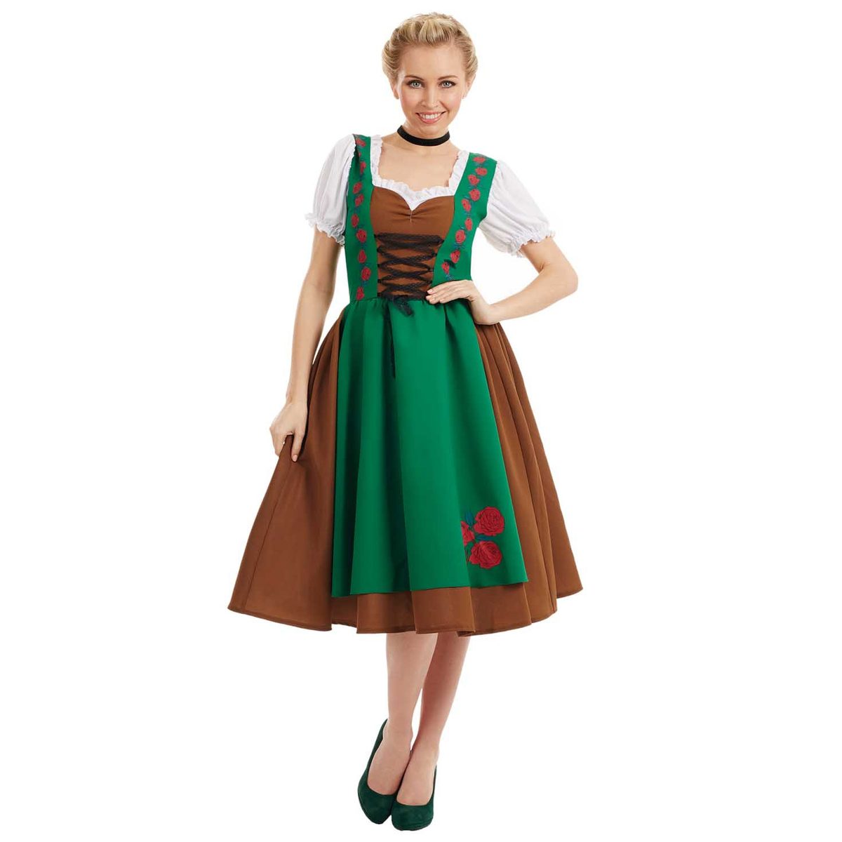 Womens Traditional Oktoberfest Dirndl Costume: midi-length green and brown dirndl with red rose embroidery, a black lace-up bodice and a white puff-sleeve blouse, front view