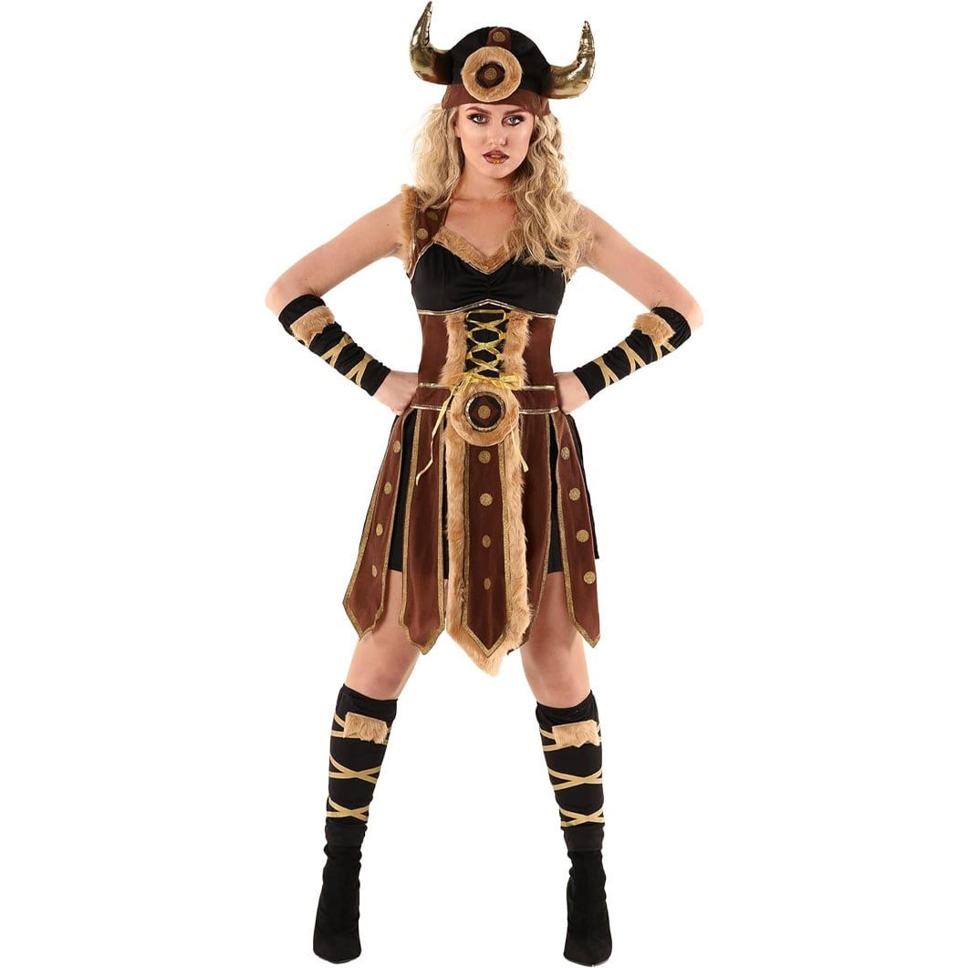 Woman wearing a faux-fur Viking costume with a horned hat and gold trim