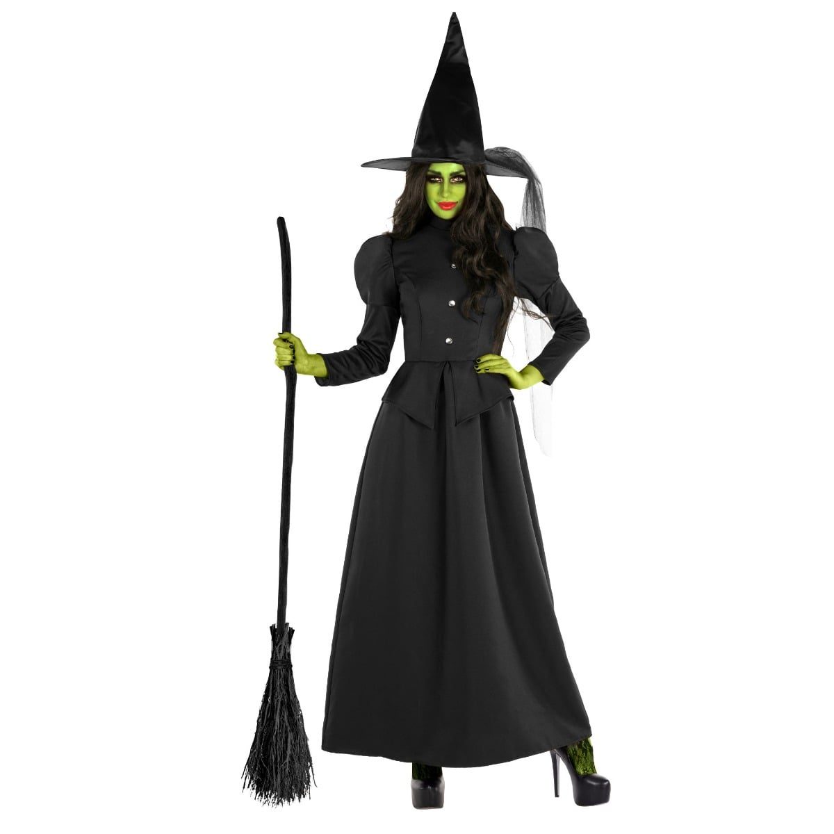 Woman wearing a full-length black wicked witch costume with a pointed veiled hat