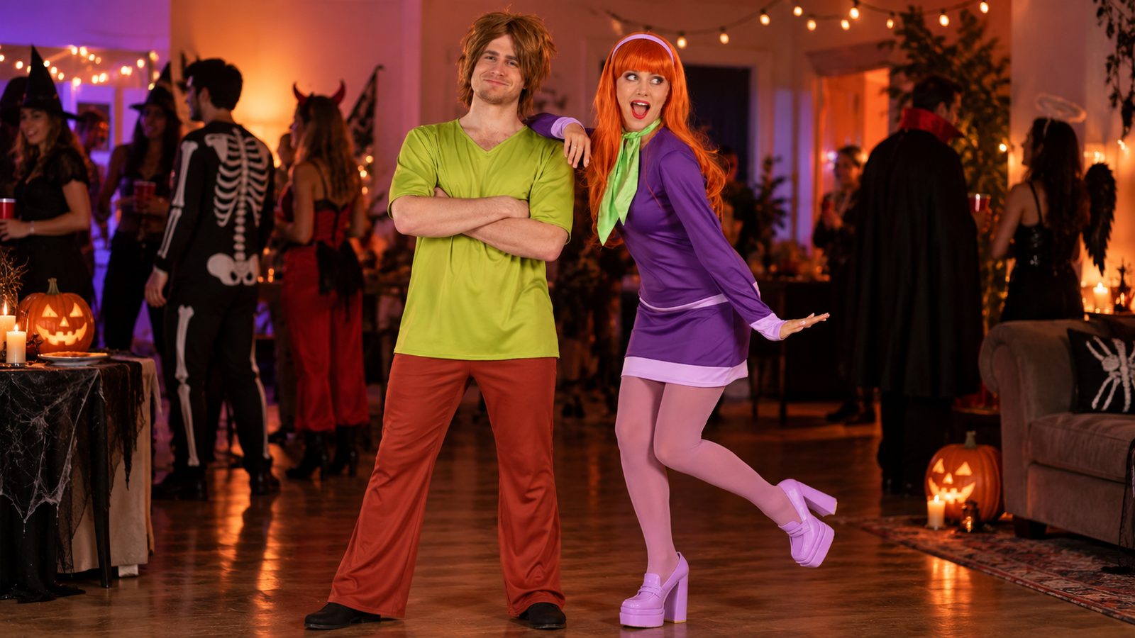 A TV cartoon mystery duo: one person in a green v-neck shirt and brown trousers, the other in a purple long-sleeve dress with a mint green neck scarf, ginger wig, and lilac headband