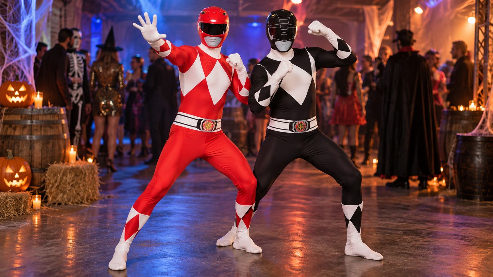 A Red and Black Power Rangers duo: two people in full-body Power Rangers Morphsuits, one red and one black with a diamond chest design and printed belt, standing side by side