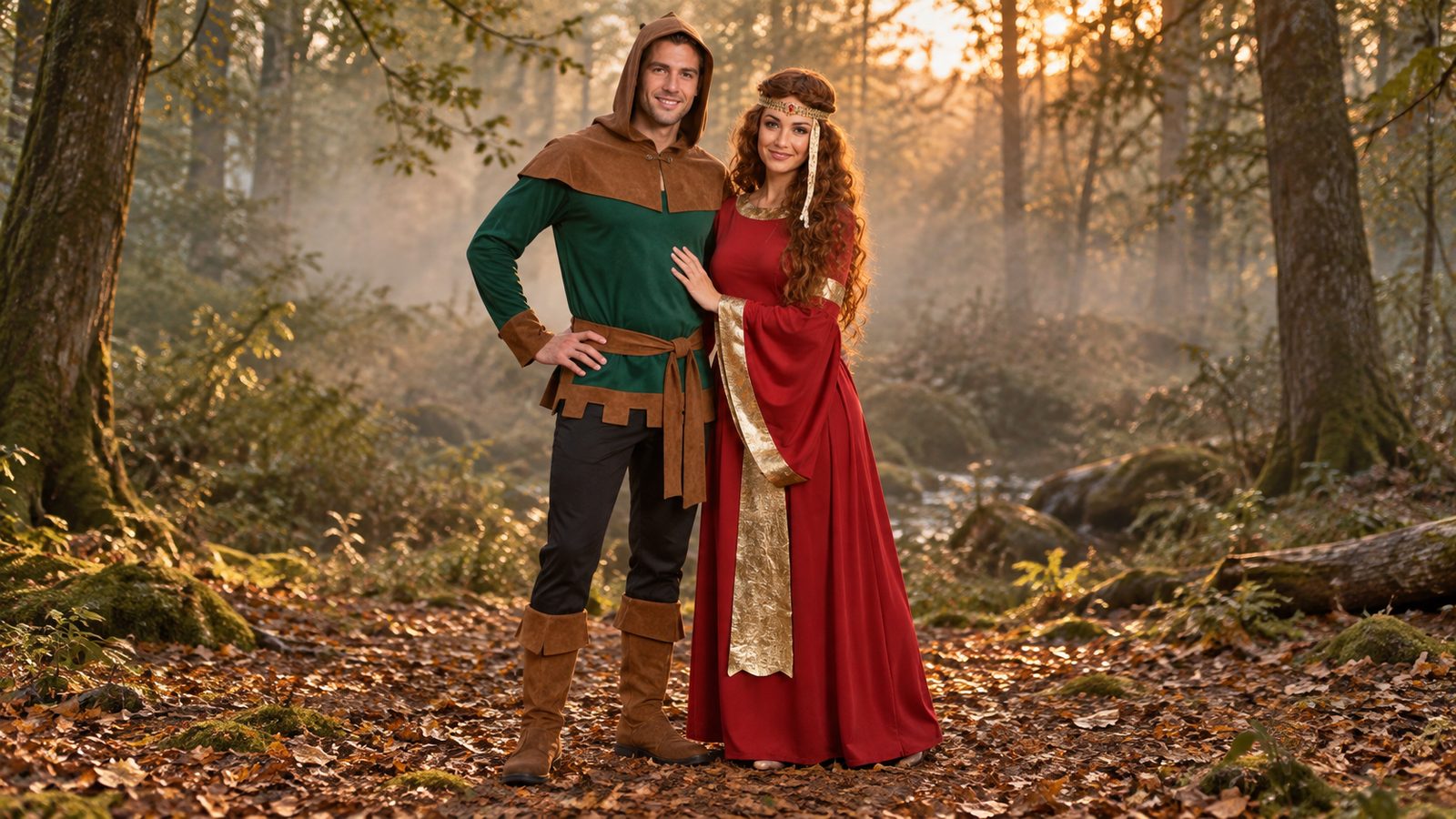 A medieval outlaw and lady duo: one person in a green long-sleeve hooded top with belt and boot covers, the other in a floor-length red gown with gold trim and a gold headpiece