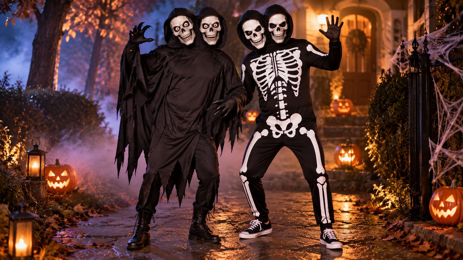 A scary duo in two-headed Halloween costumes: one person in a ragged black hooded robe with a two-headed mask and pointed gloves, the other in a skeleton-print hooded jumpsuit with a two-headed skull mask