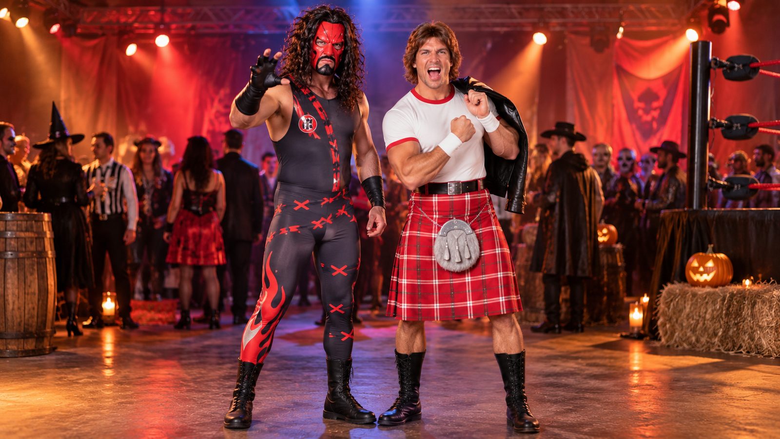 A WWE Kane and Rowdy Roddy Piper duo: one person in a masked bodysuit with a wig, single glove, and wrist cuff, the other in a Hot Rod T-shirt, tartan kilt, and sporran belt