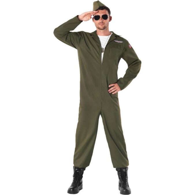 A dark olive green military-style jumpsuit with a matching cap and black aviator sunglasses, a mens fighter pilot fancy dress costume