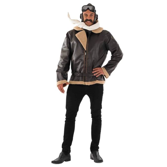 A brown leather-look flight jacket with beige fleece trim, paired with a leather-look flying hat, round goggles and an off-white scarf, a mens WW2 aviator fancy dress costume