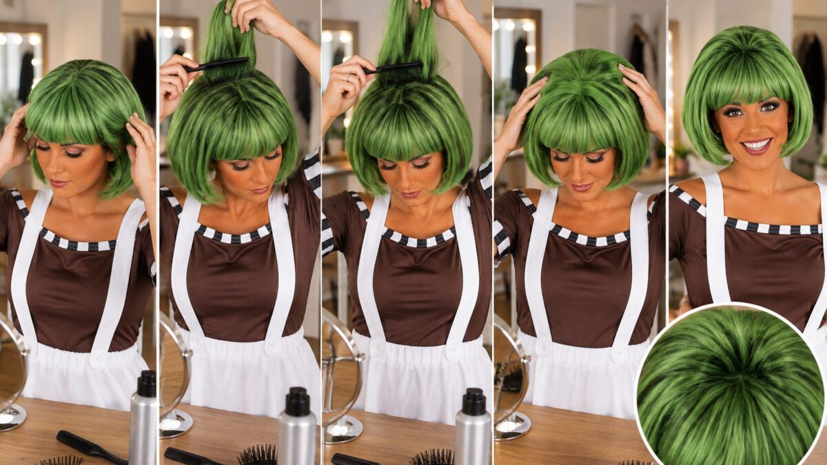 "Step-by-step photos of putting on a green bob-style wig with a brown-striped factory worker costume top"
