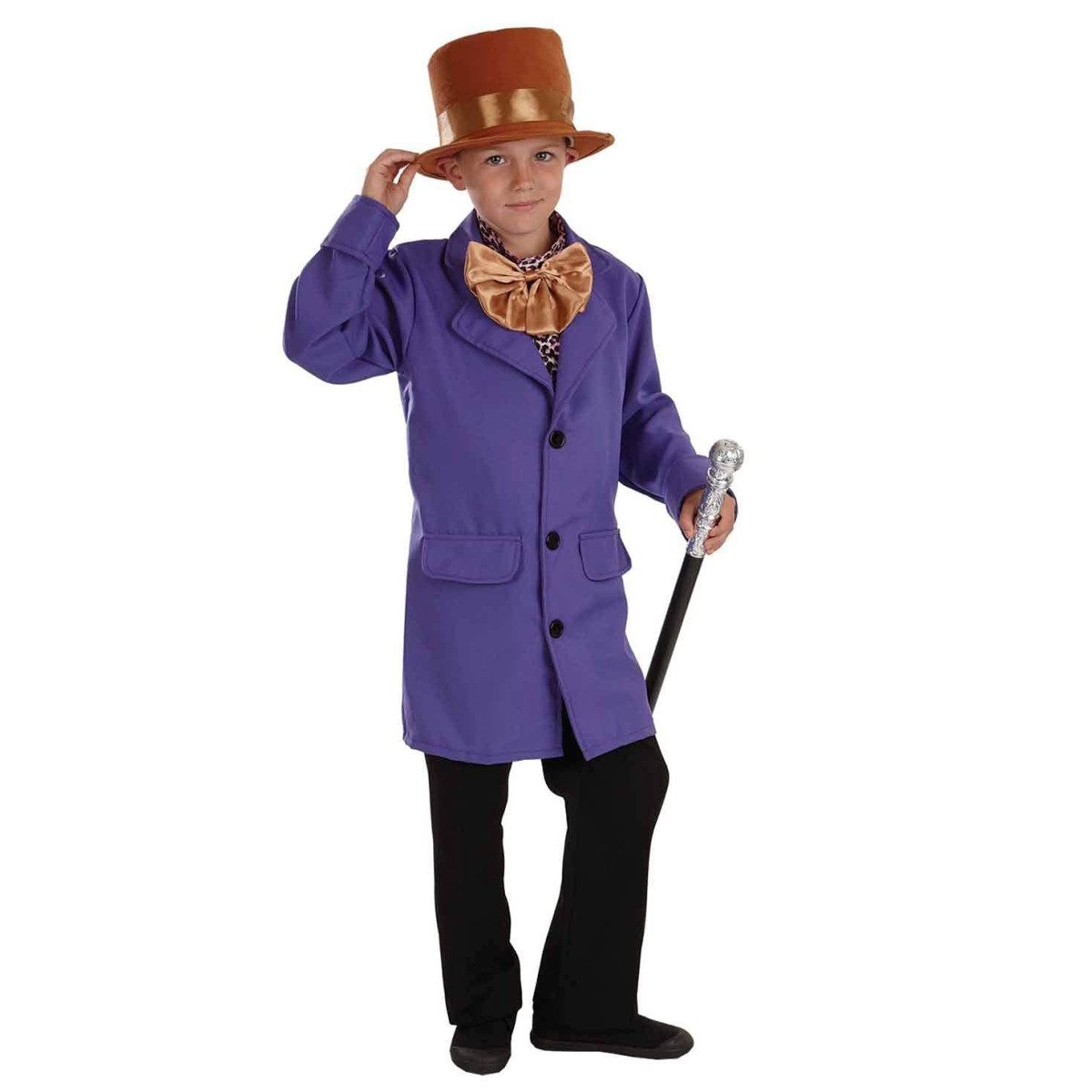 Kids Chocolate Factory Owner Costume: purple tailored jacket with a built-in shirt insert, a burgundy neck bow and a matching purple top hat